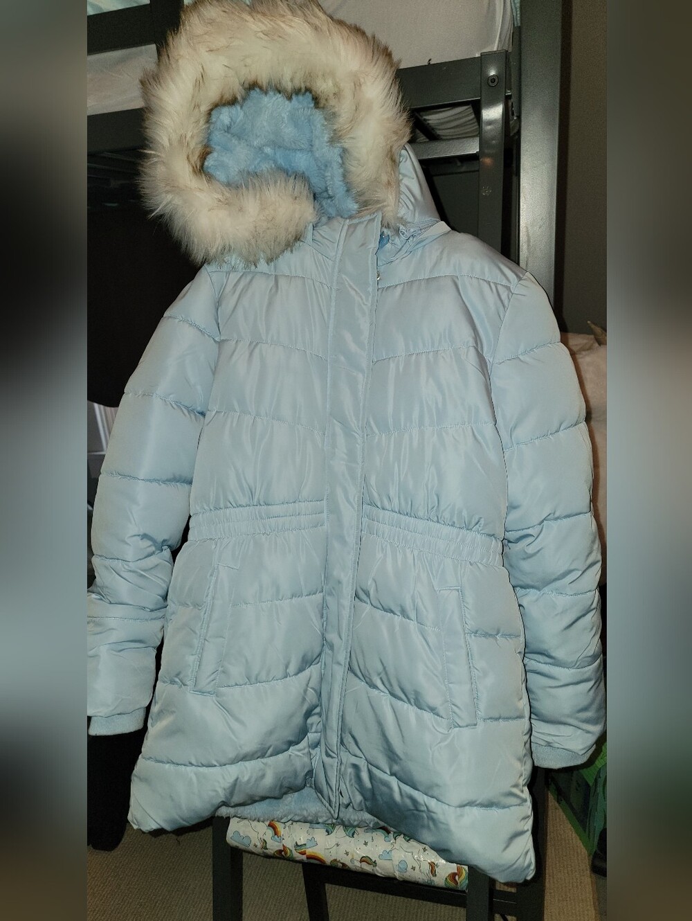 Kids Light Blue Puffer Coat with Faux Fur Hood
